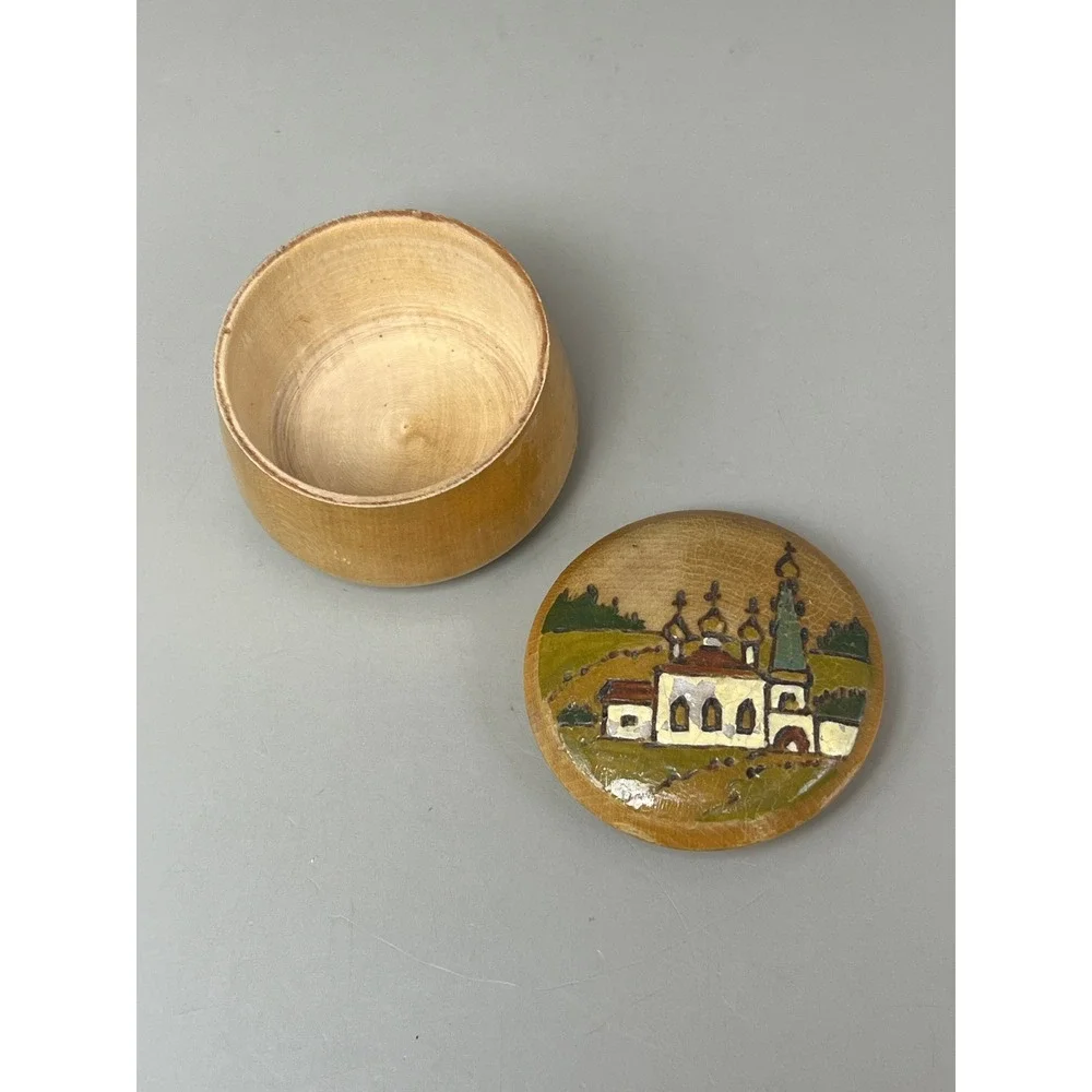 VTG USSR Wood Hand Painted Lidded Trinket Box 1.75